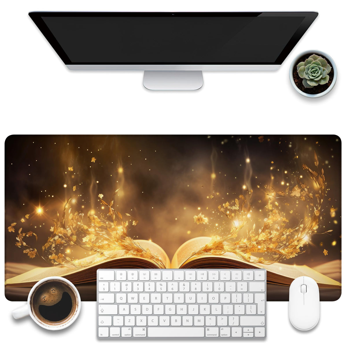 KOAIWPAE Desk Pad, Golden Magic Book Desk Mat, Fantasy Books Large Gaming Mouse Pad, 31.5"x15.7"