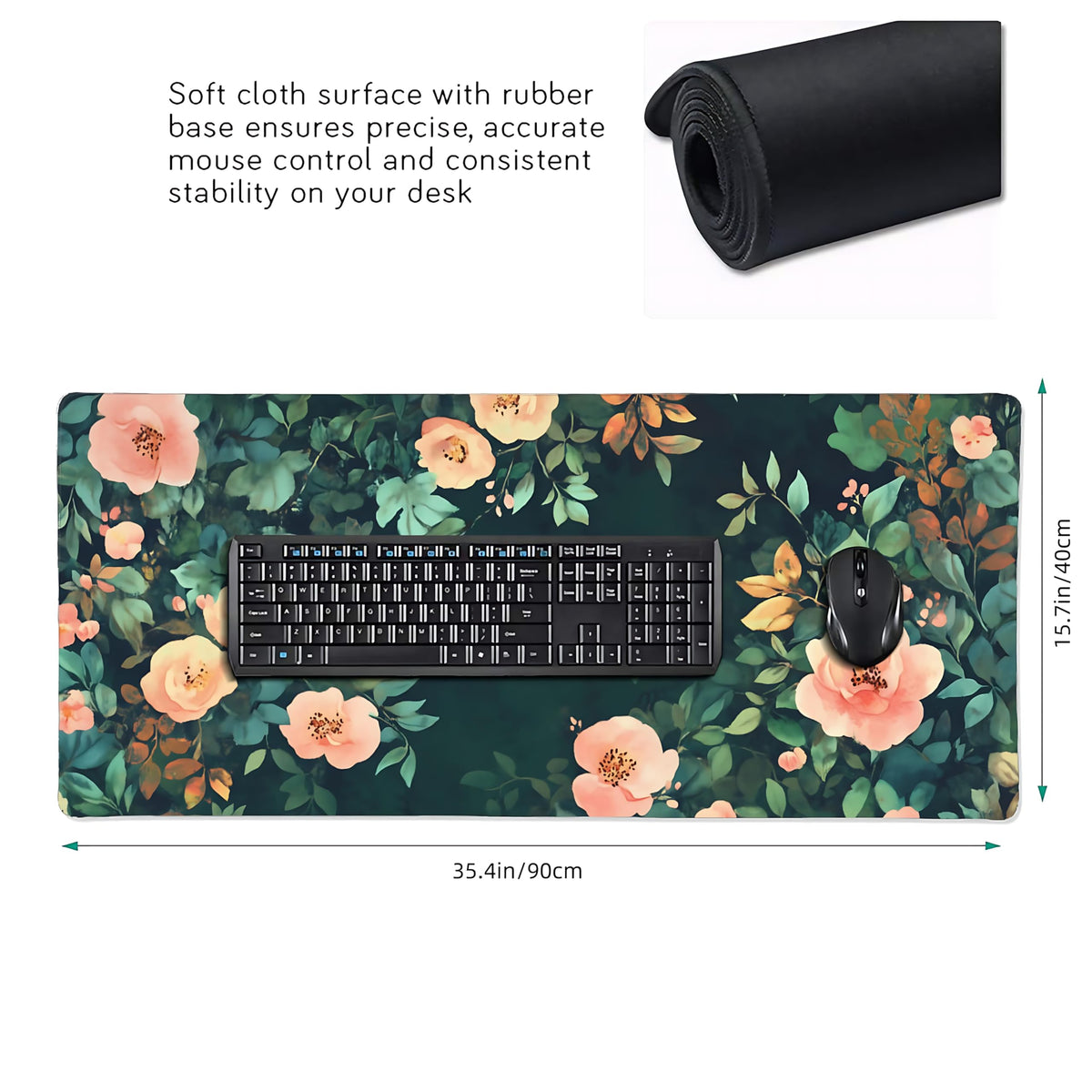 Cute Floral Aesthetic Rose Gaming Mouse Pad, Forest Green Moody Forest Desk Mat with Anti-Slip Base