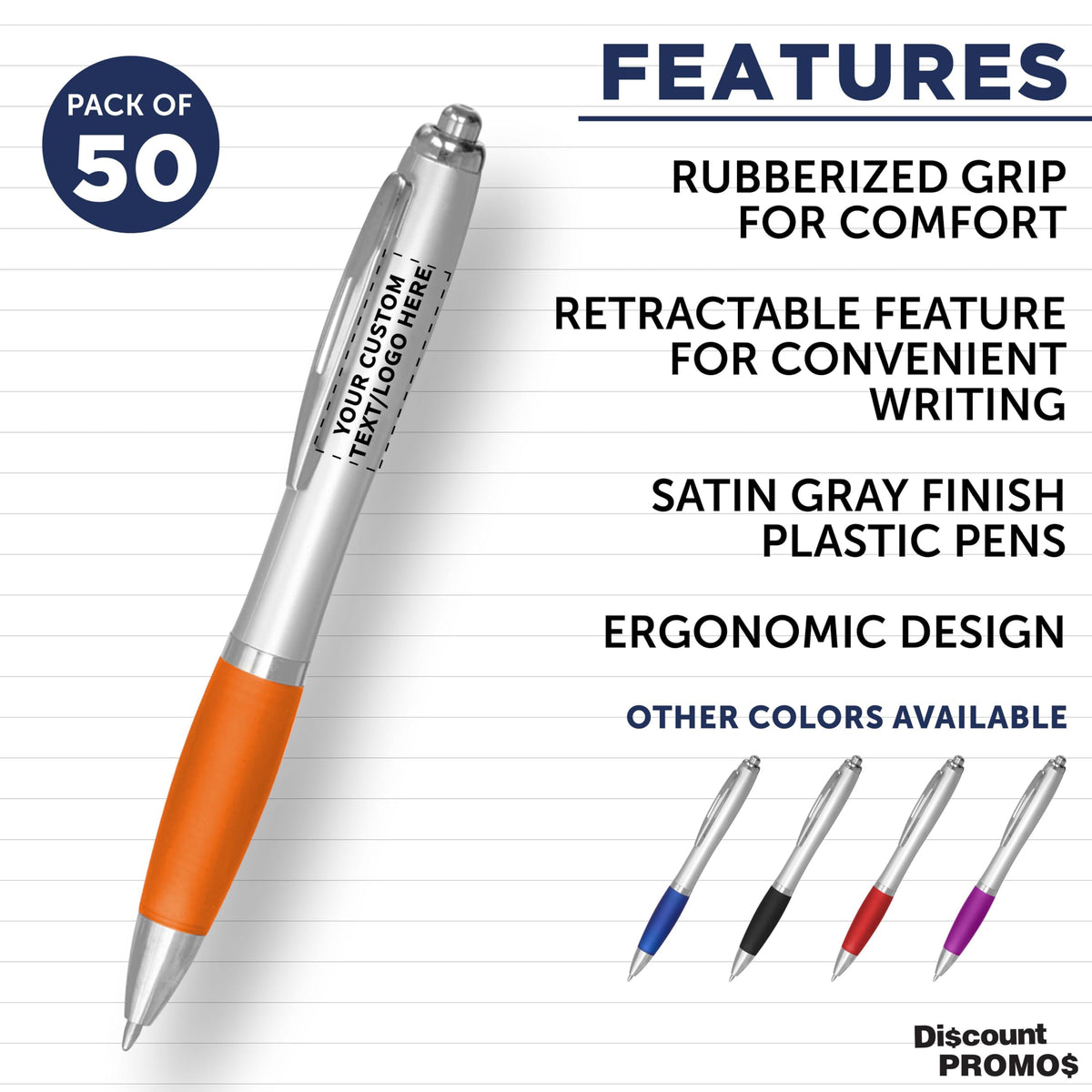 Personalized Ballpoint Pens with Rubber Grip and Click Button, Pack of 50 by DISCOUNT PROMOS
