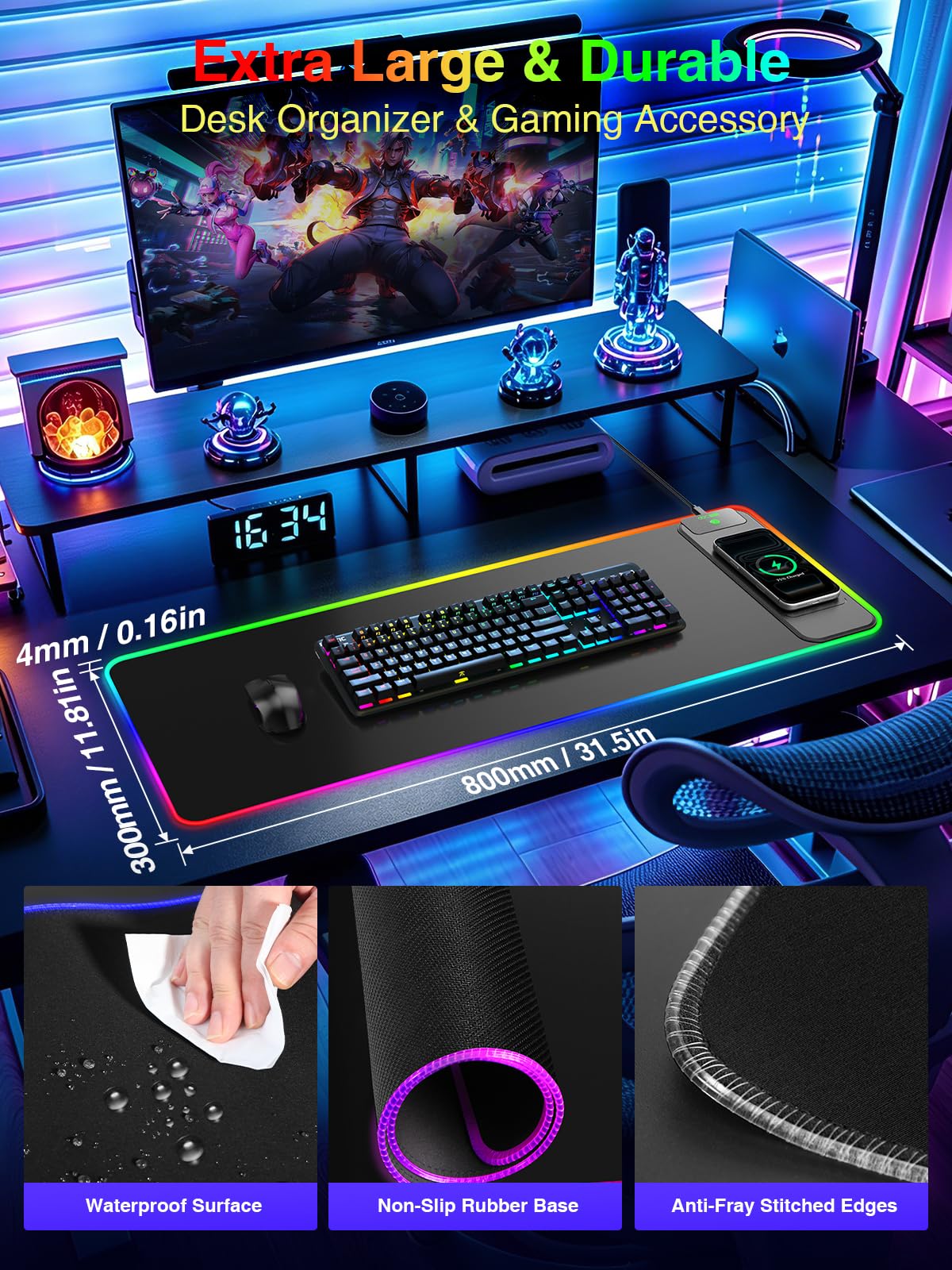 Wireless Charging Mouse Pad Gaming, 31.5"x11.8" Large Desk Mat, Waterproof
