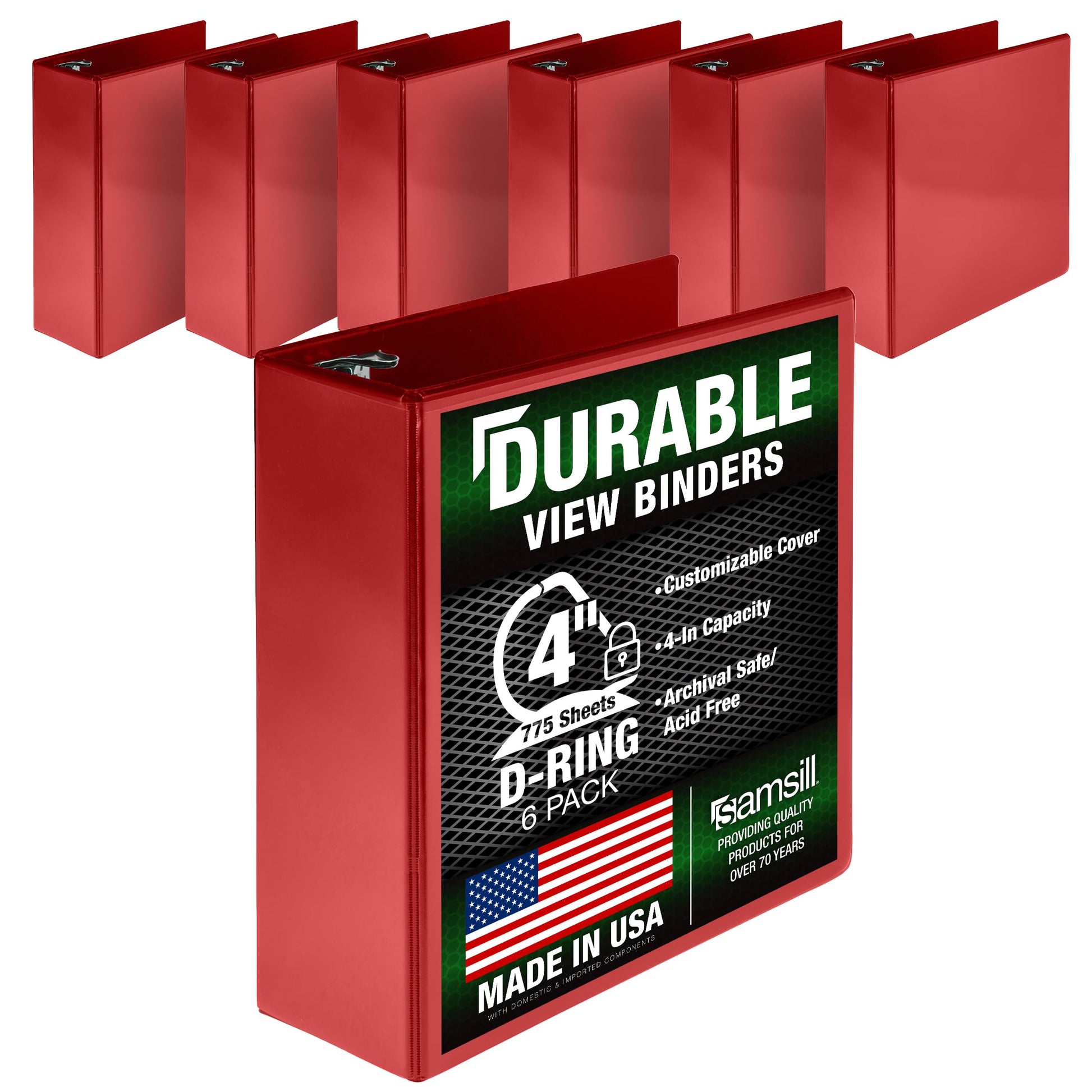 Samsill Durable 4 Inch Binder, Locking D Ring Binder, Customizable Clear View Cover, Red, 6-Pack