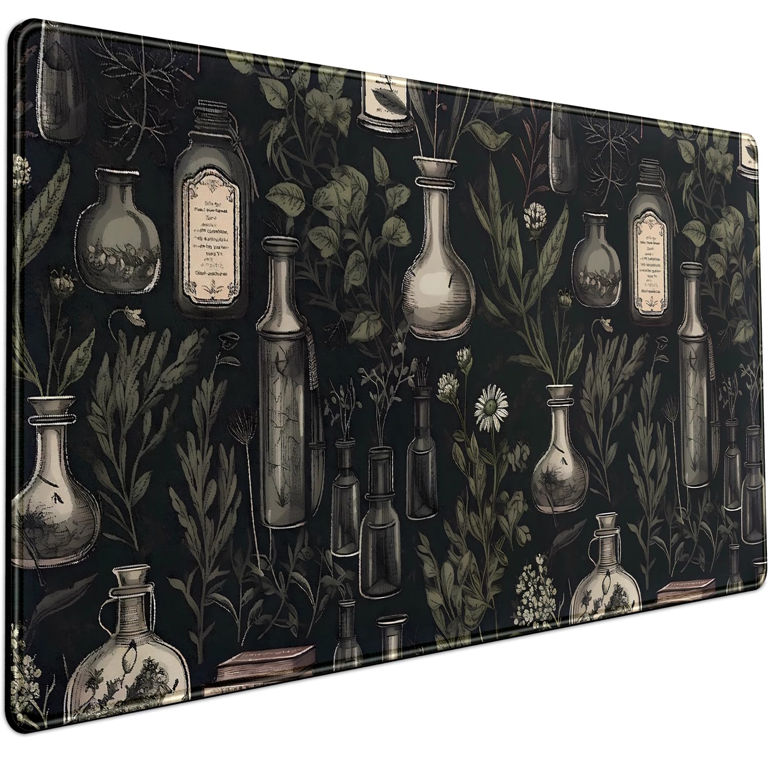 Black Aesthetic Desk Mat - Vintage Large Gaming Flower Mouse Pad XXL Plant Wildflower Mousepad