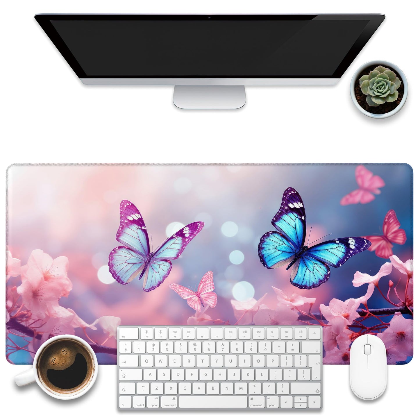 KOAIWPAE Desk Pad,Flying Blue Butterfly Desk Mat,Pink Cherry Blossom Branches Large Gaming Mouse