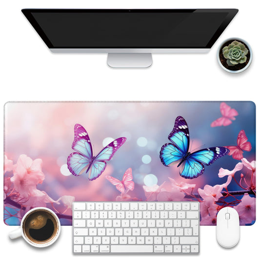KOAIWPAE Desk Pad,Flying Blue Butterfly Desk Mat,Pink Cherry Blossom Branches Large Gaming Mouse
