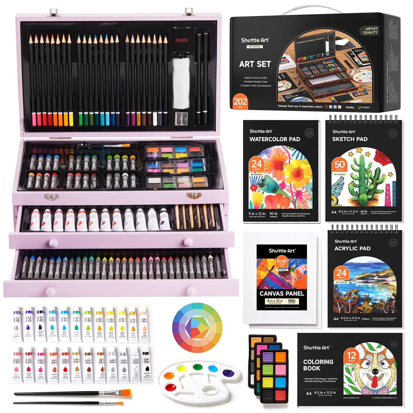 Shuttle Art Deluxe Gift Art Kit, 202-Piece Wooden Art Supplies Set with 4 Drawing Pads, Canvases