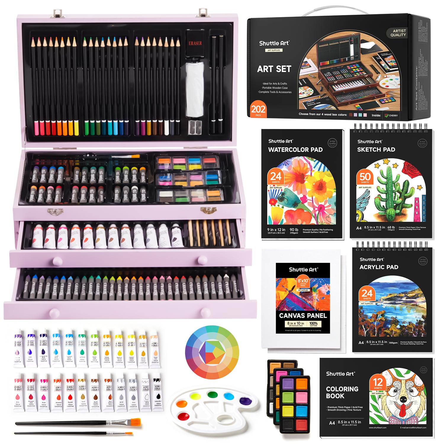 Shuttle Art Deluxe Gift Art Kit, 202-Piece Wooden Art Supplies Set with 4 Drawing Pads, Canvases