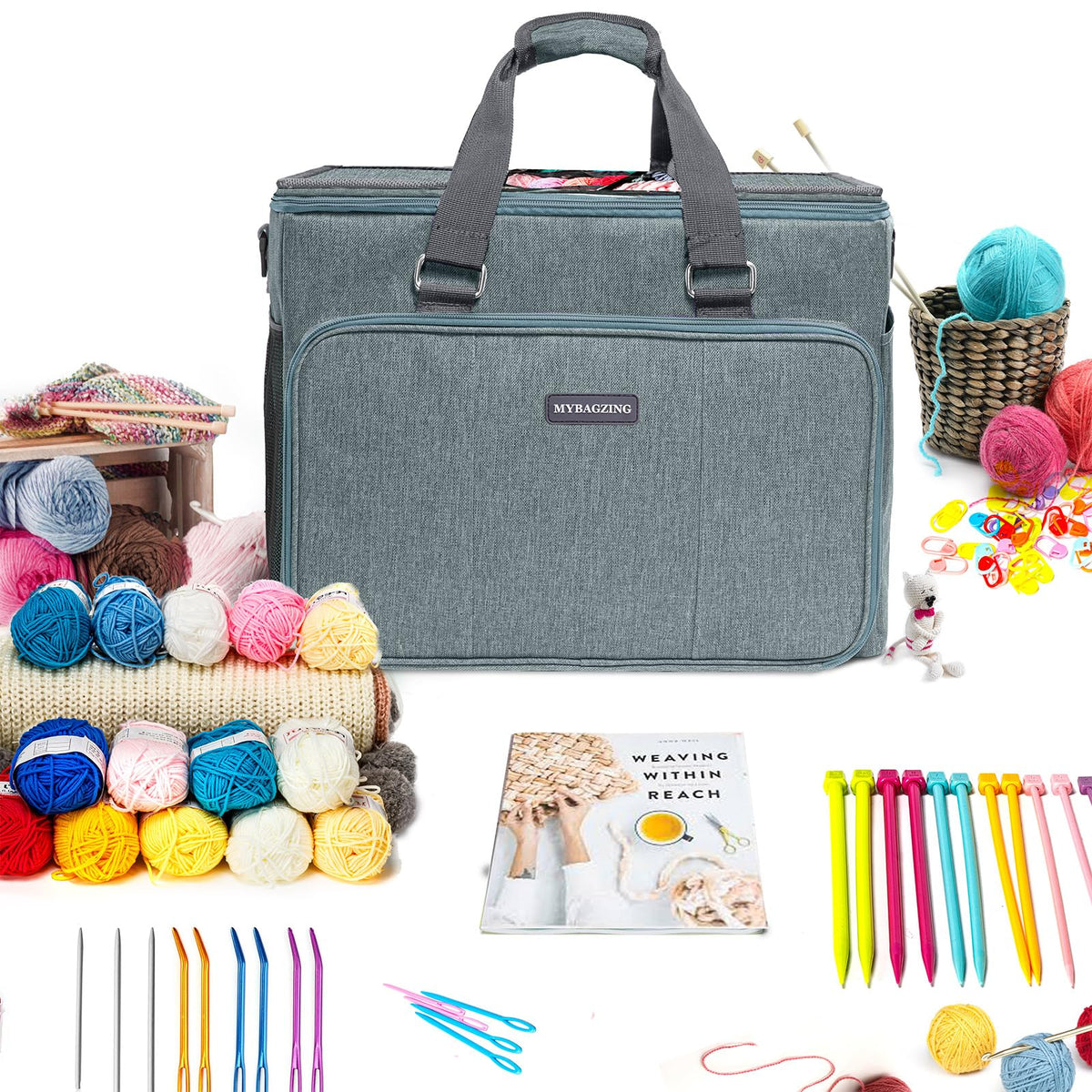 MYBAGZING Knitting Bag, Large Crochet Bag, Crochet Tote Bag, Yarn Bags for Crocheting, Yarn Storage