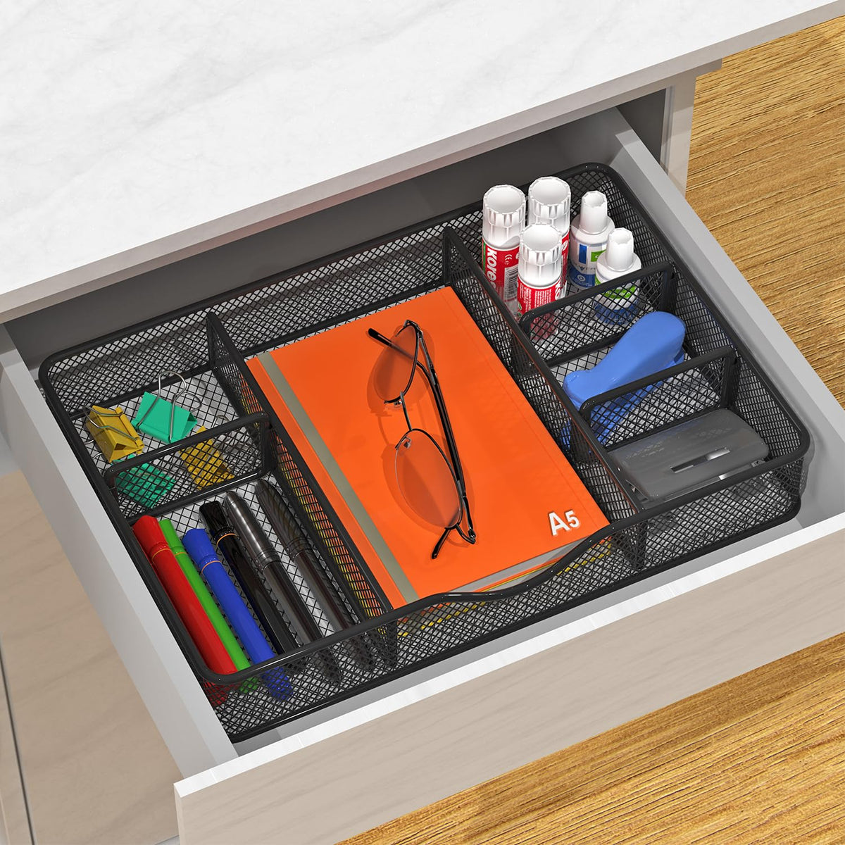 VyGrow Desk Drawer Organizer, Metal Mesh Drawer Organizer Tray with 6 Adjustable Compartment, Tray