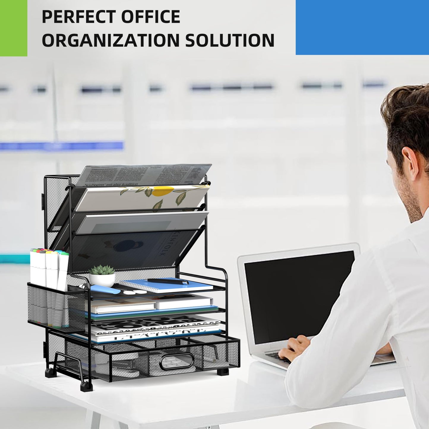 MINDEPOT 4-Tier Paper Organizer + 3-Pocket File Holder + Drawer + Pen Holders, Desktop File