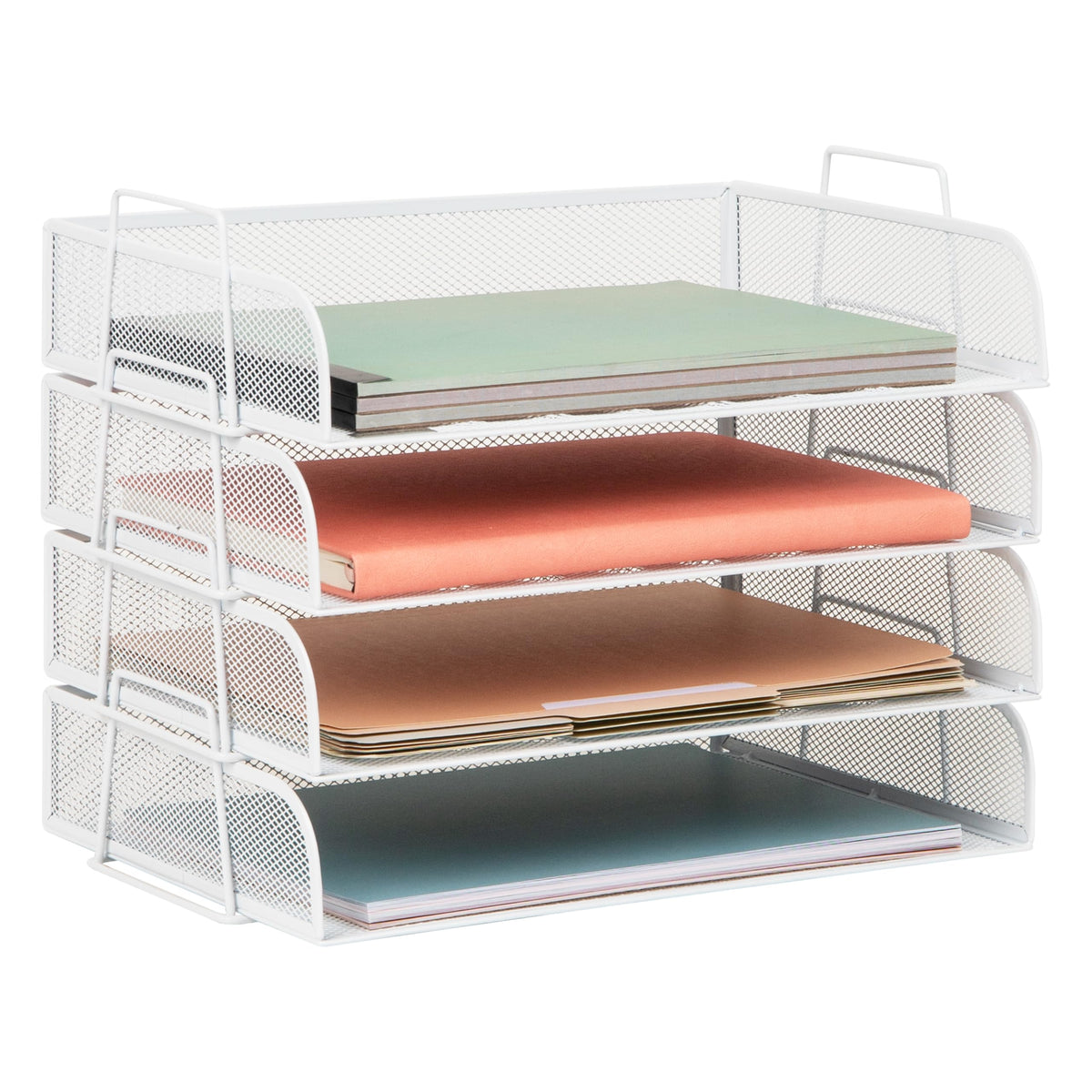 Mind Reader Stackable Paper Tray, Desktop Organizer, File Storage, Office, Metal Mesh, 4 Pcs., White