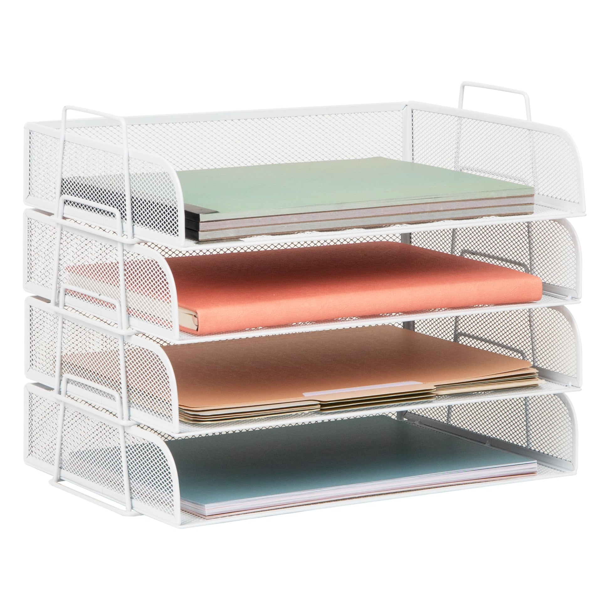 Mind Reader Stackable Paper Tray, Desktop Organizer, File Storage, Office, Metal Mesh, 4 Pcs., White