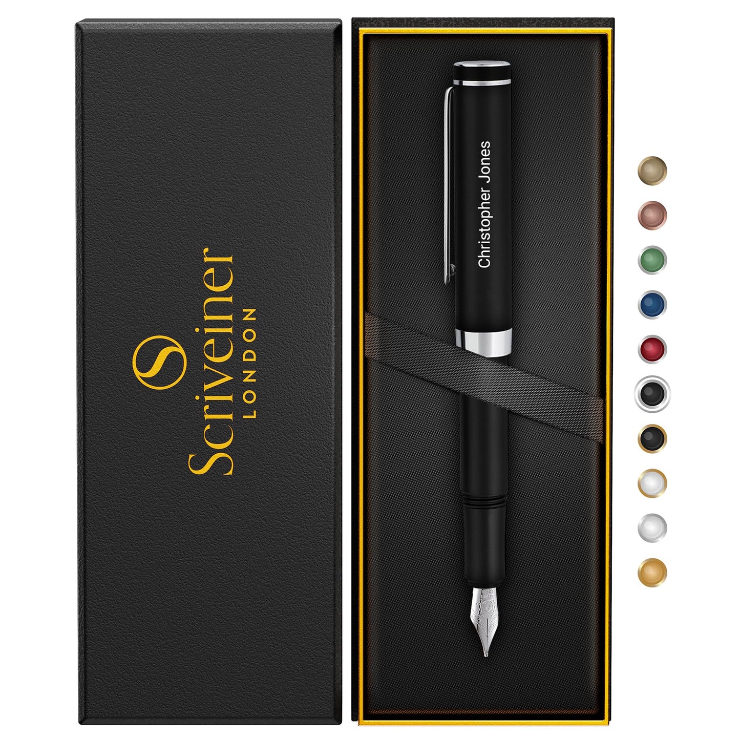 Scriveiner Personalized Luxury EDC Fountain Pen (Medium), Stunning Matt Black Pocket Pen, Chrome