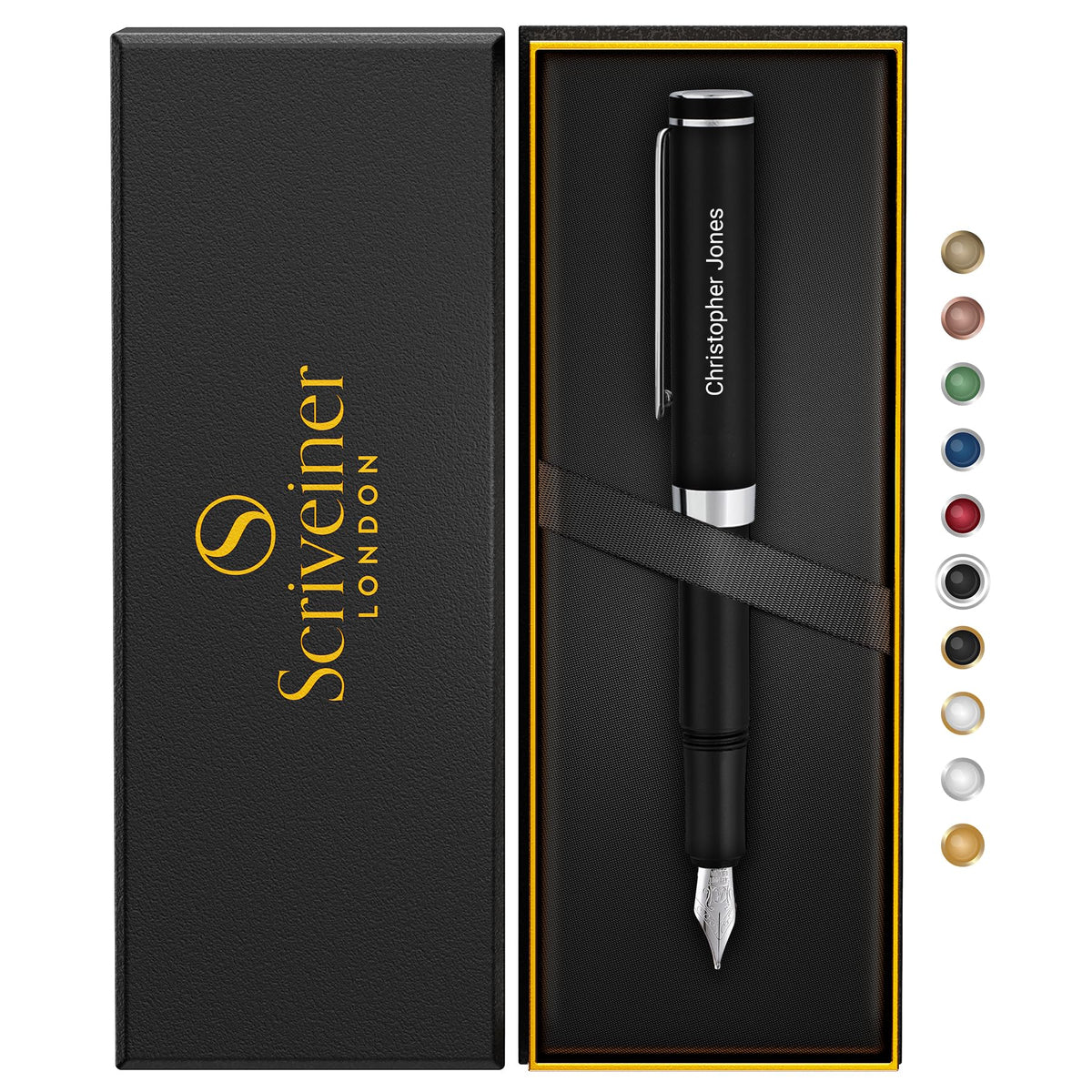 Scriveiner Personalized Luxury EDC Fountain Pen (Medium), Stunning Matt Black Pocket Pen, Chrome