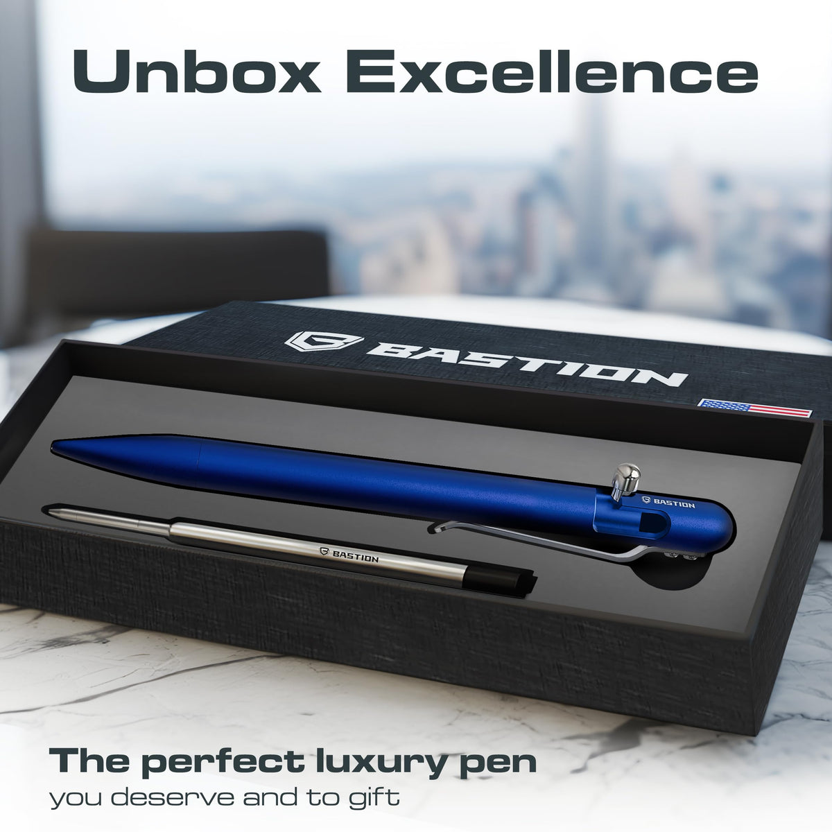 BASTION Bolt Action Pen, Aluminum Royal Blue Slim, HyperBolt EDC Pen, Refillable Metal Writing Pen