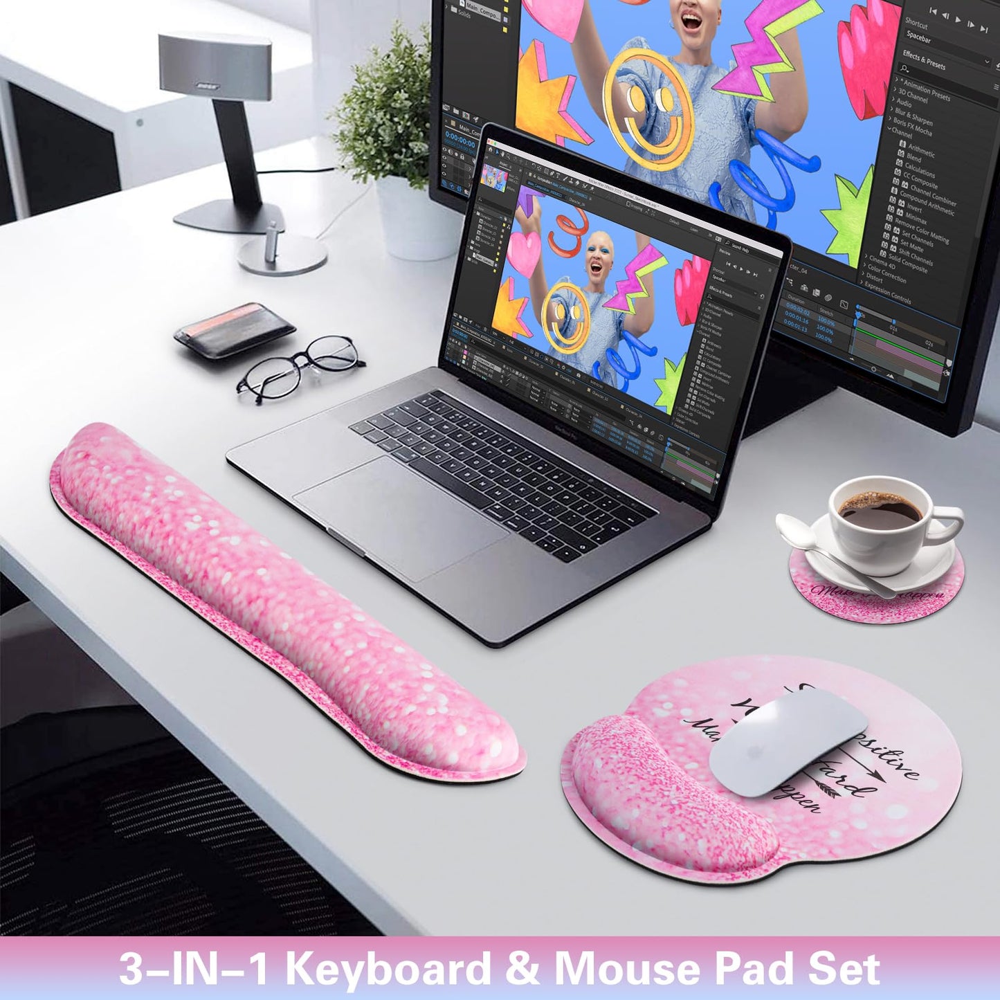 QOMOLAMA Mouse Pad with Wrist Rest Set Pink, 3-in-1 Wrist Support Mousepad Set,Gaming Mat Pad with