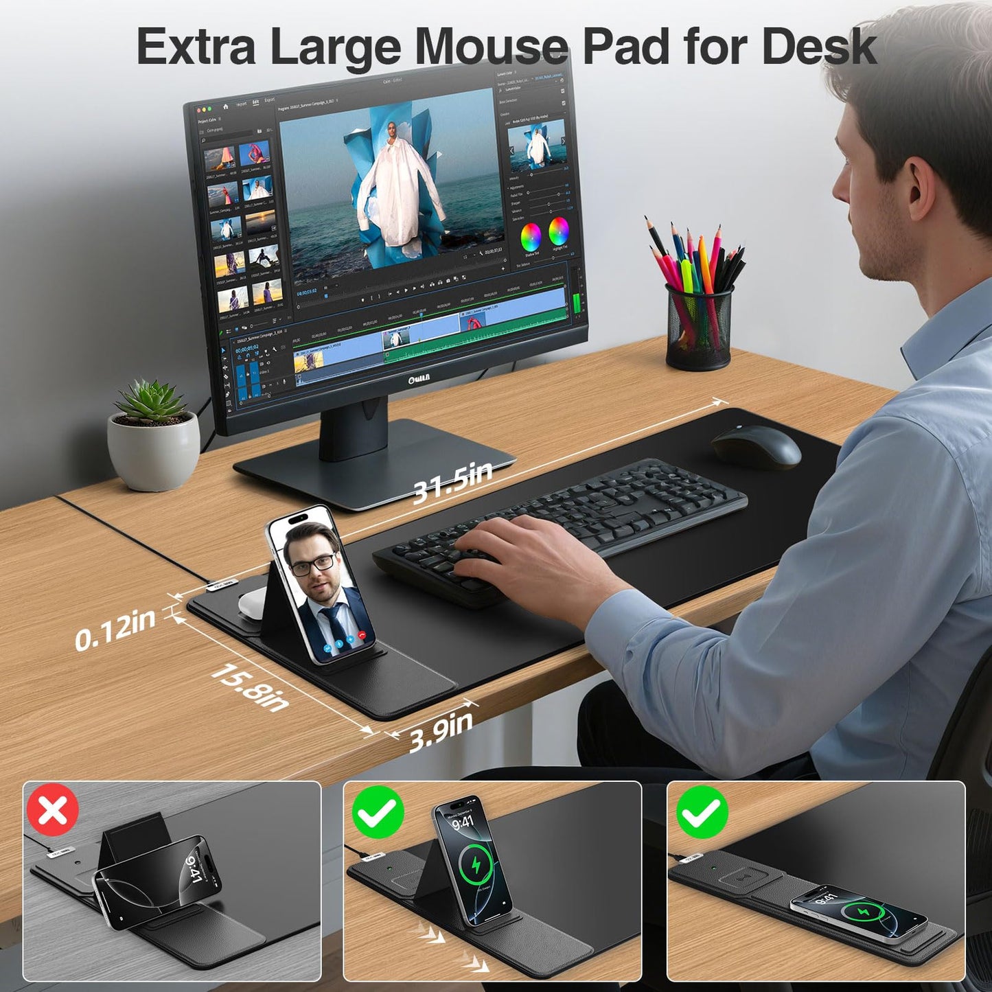 Wireless Charging Mouse Pad with Foldable Phone Holder, 31.5"x15.8", Black
