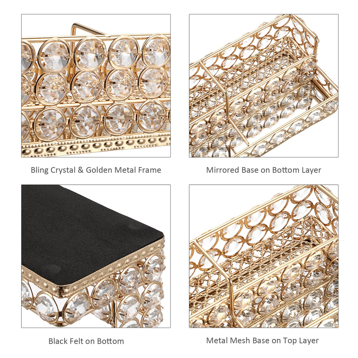 Hipiwe 2 Tiers Business Card Holder Gold Business Card Display Stand with 4 Slots Crystal Name Card