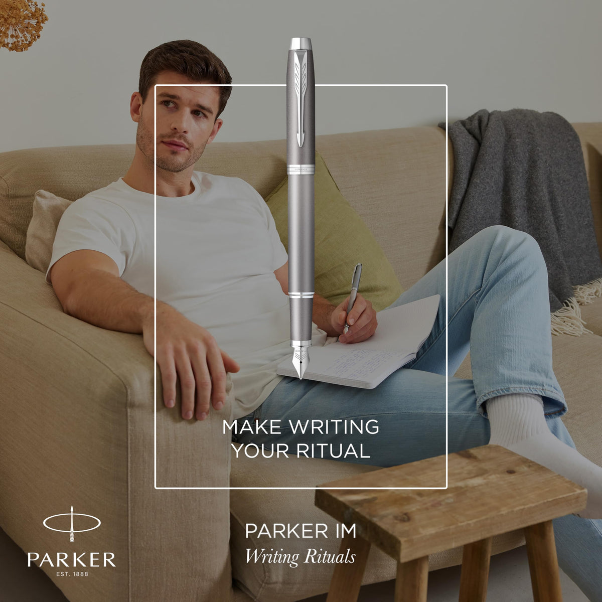 PARKER IM Writing Rituals Fountain Pen, Grey Finish with Gradient, Chrome Trims, Medium Nib, Blue