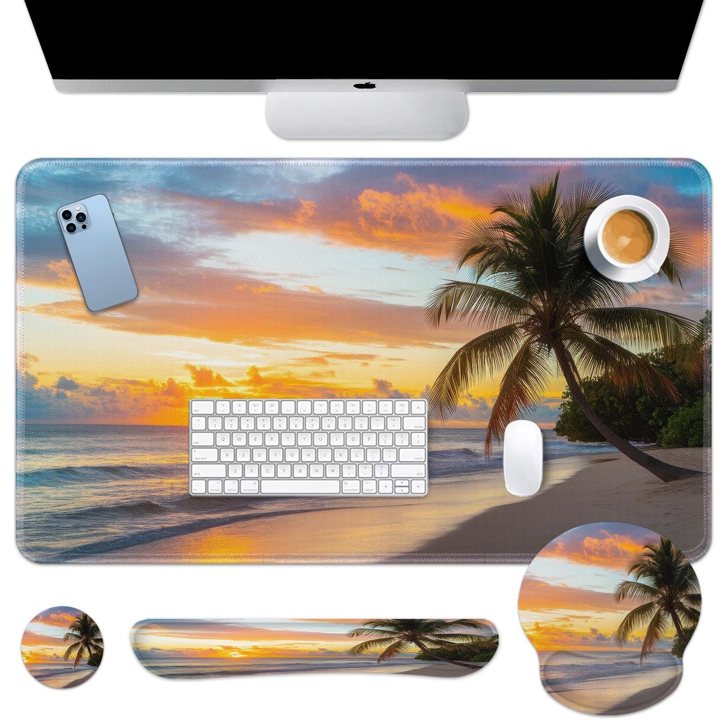 Arttown Keyboard Mouse Pad Set, 4 in 1 Desk Mat Set Beach Ocean