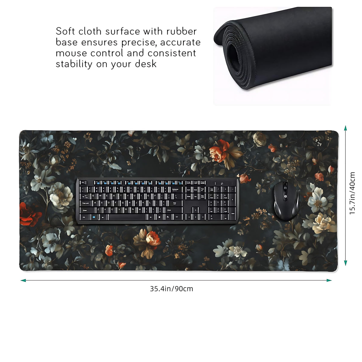 Floral Aesthetic Rose Gaming Mouse Pad, Black Dark Botanical Desk Mat with Anti-Slip Base &