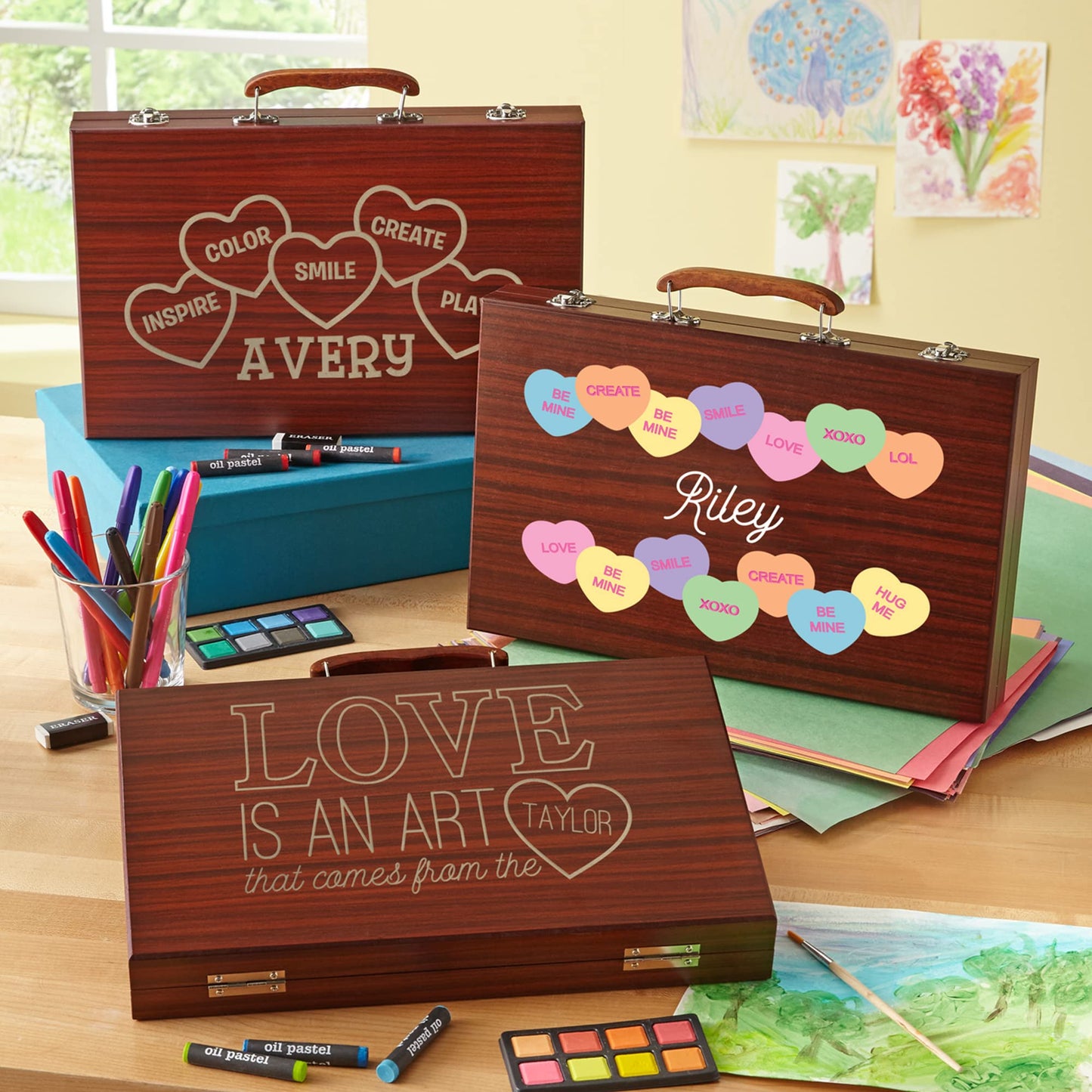 Let's Make Memories Personalized 80-Piece Deluxe Art Set - for Kids - Wood Carrying Case - Oil