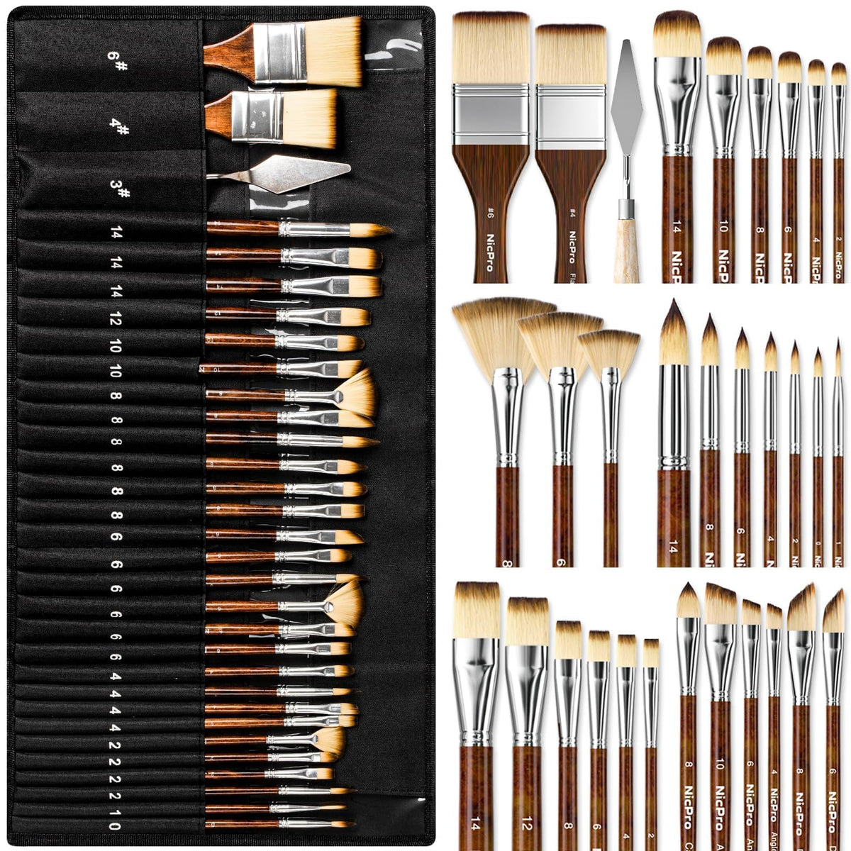 Nicpro 30pcs Paint Brush Set for Acrylic Painting, Oil, Watercolor, Gouache