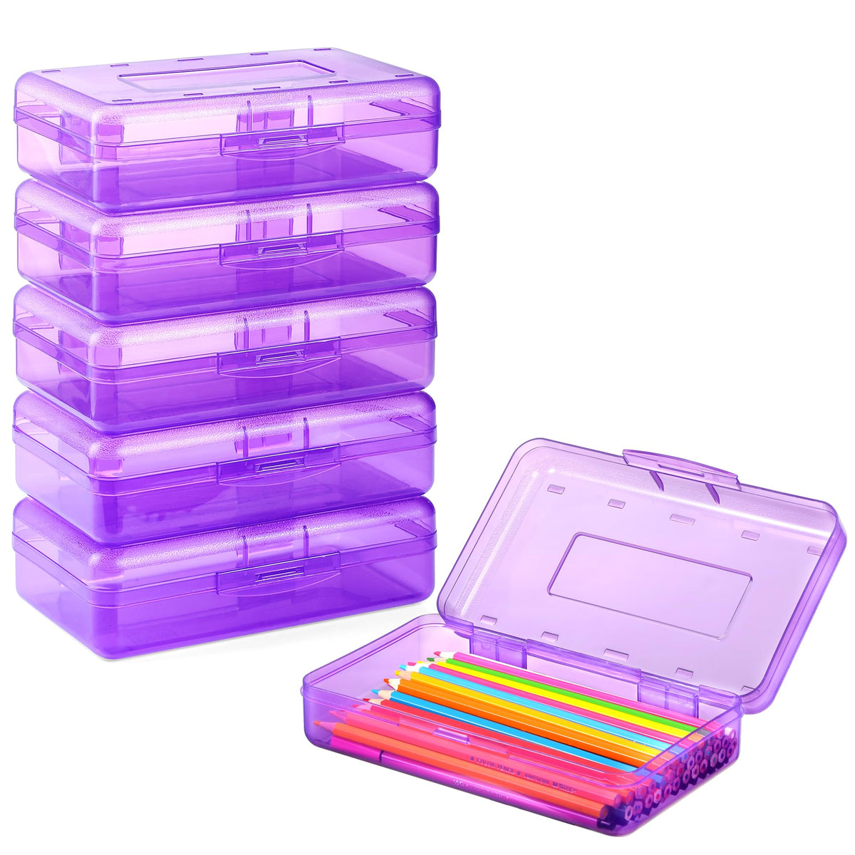 Sooez Plastic Pencil Case Box 6 Pack, Colored Large Craft Storage Bulk