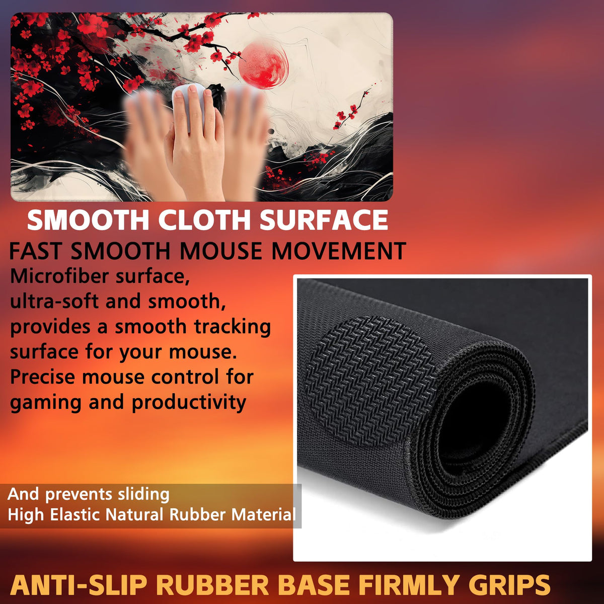 KOAIWPAE Desk Pad, Black Red Ink Painting Desk Mat, Cherry Blossom Trees Sun Waves Large Gaming