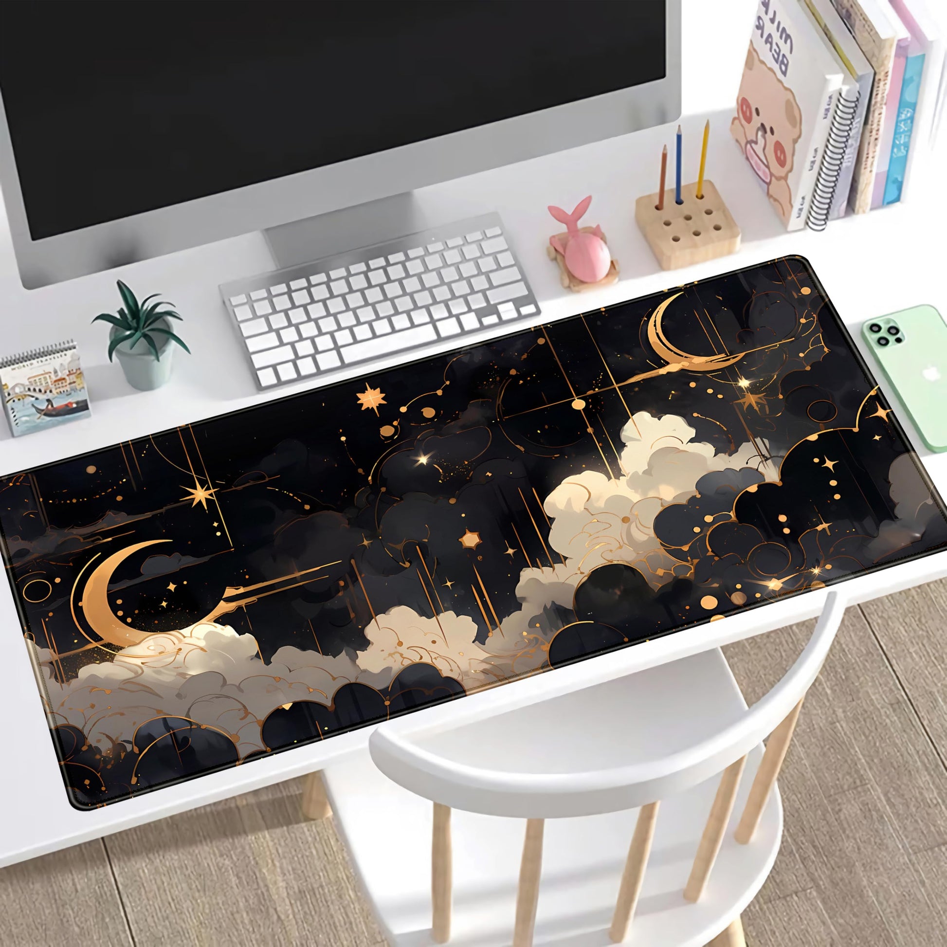 Black and Gold Celestial Desk Mat XXL Extended Gaming Mouse Pad Large Mousepad with Stitched Edges