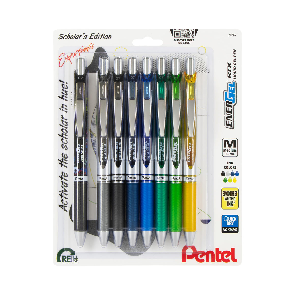 Pentel EnerGel RTX Retractable Liquid Gel Pen, Scholar Expressions Pack, 0.7mm, Metal Tip, Medium