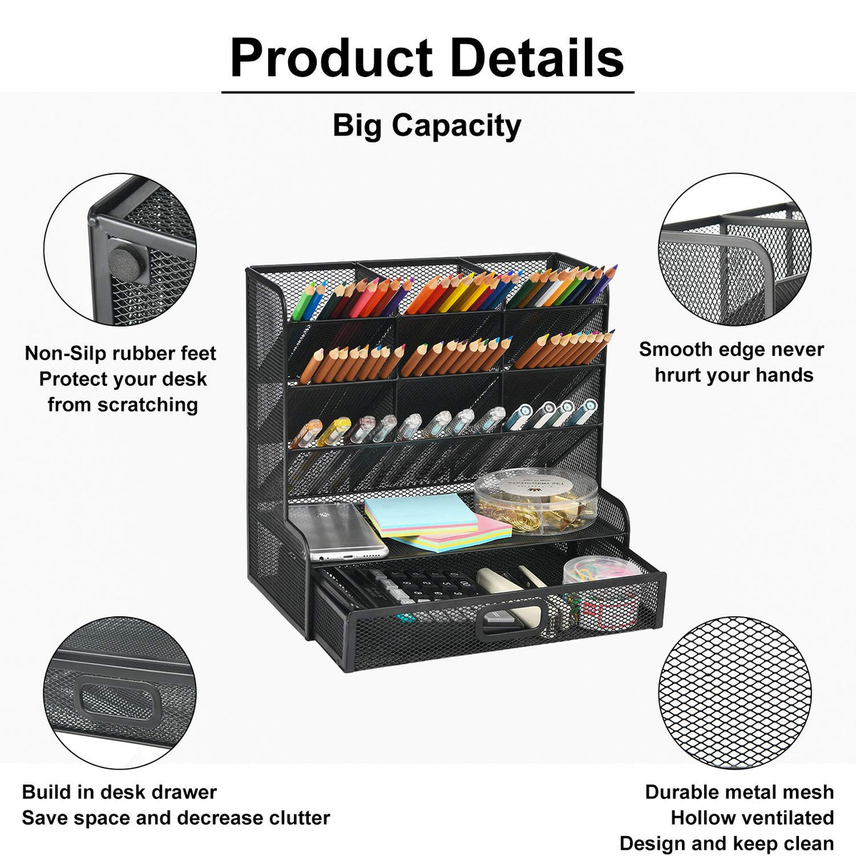Marbrasse Mesh Pen Holder for Desk, Multi-Functional Pencil Organizer with Drawer, Desk Organizers