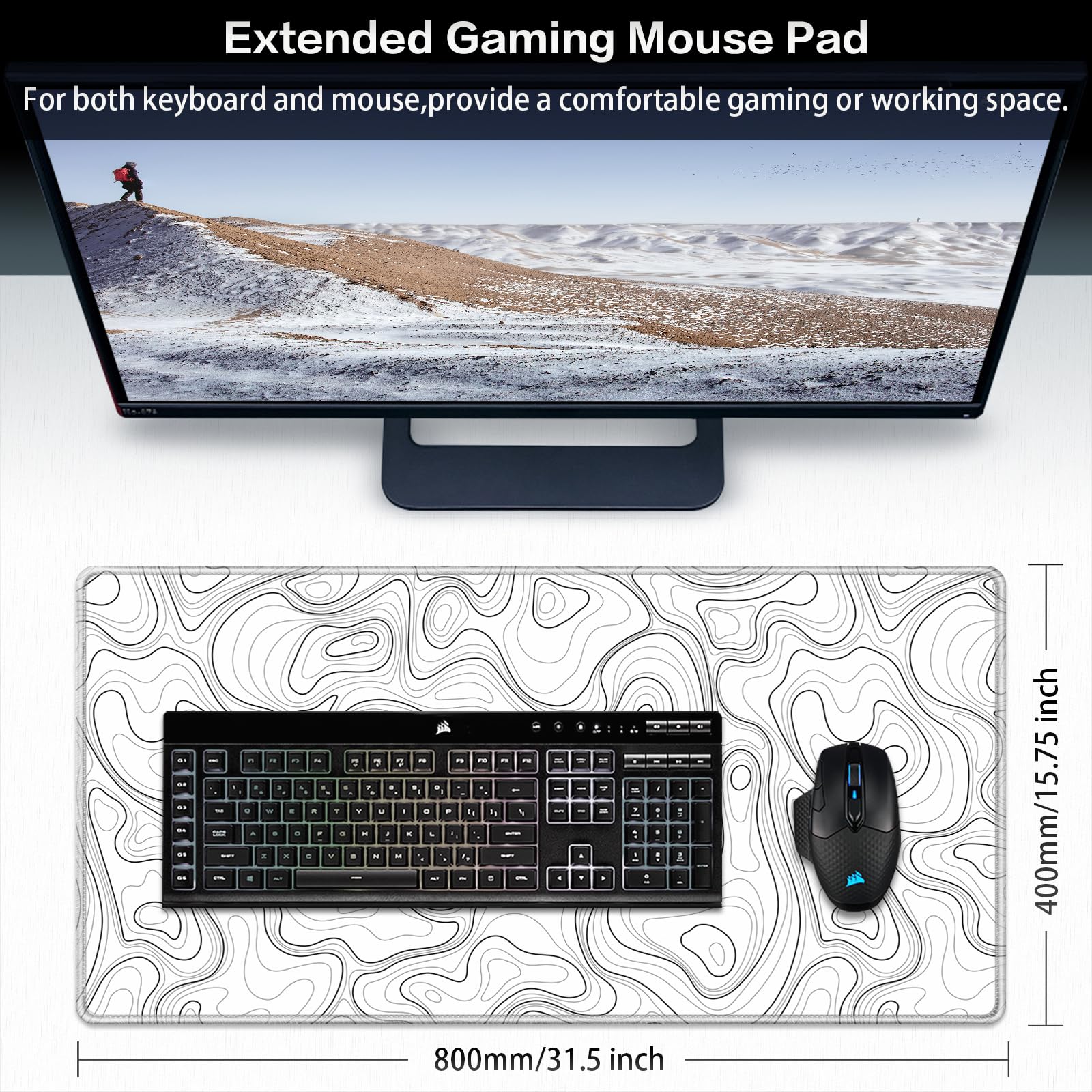 Canjoy Gaming Mouse Pad, 31.5x15.7in Topographic Large Mouse Pads for Desk