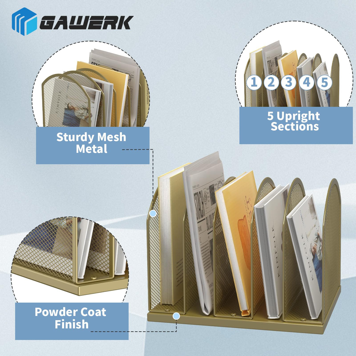 Gawerk 5-Section Vertical Desktop Organizer, 5-Section Mesh File Folder Stand Sorter for Office