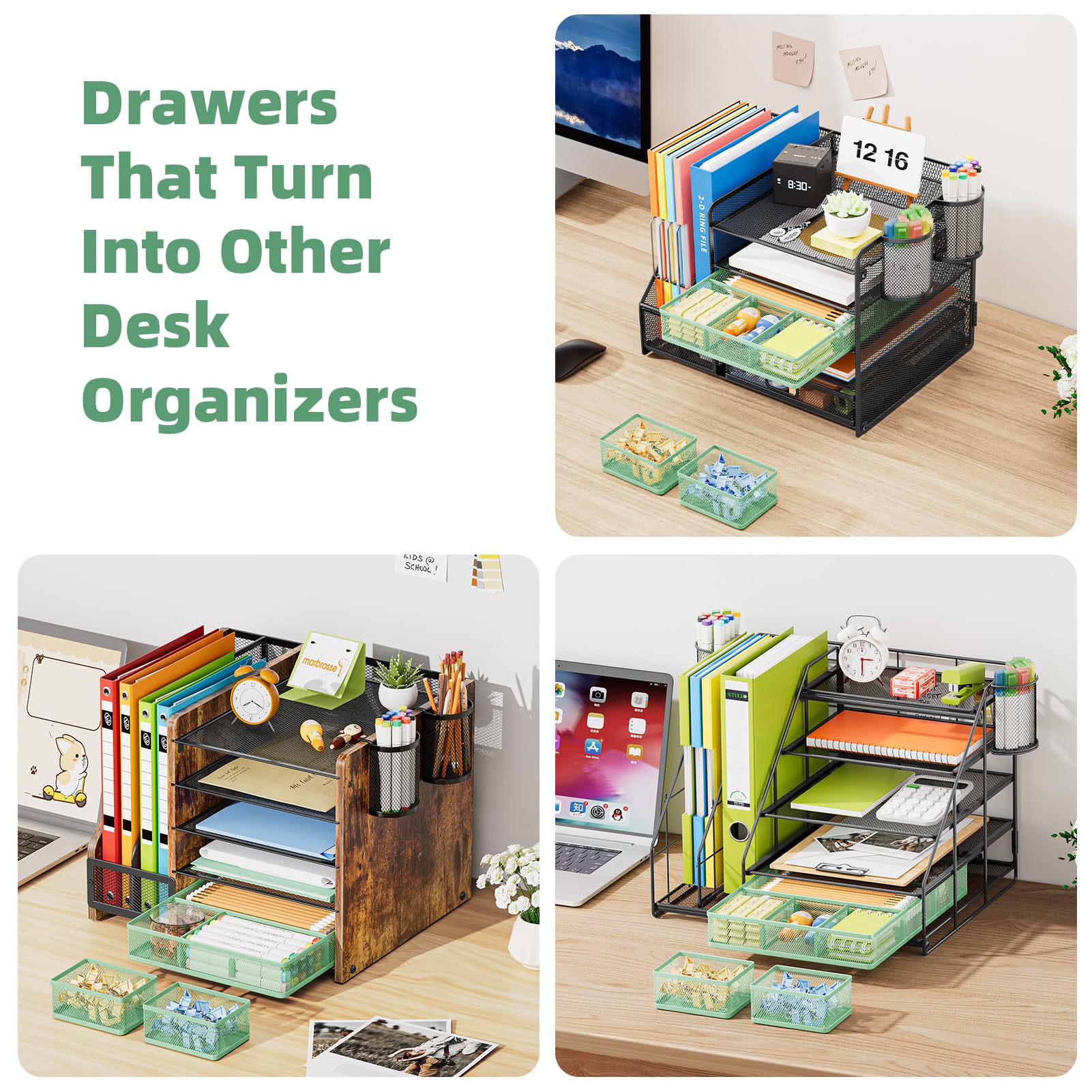 Marbrasse Mesh Desk Drawer Organizer Tray 3 Packs, Green