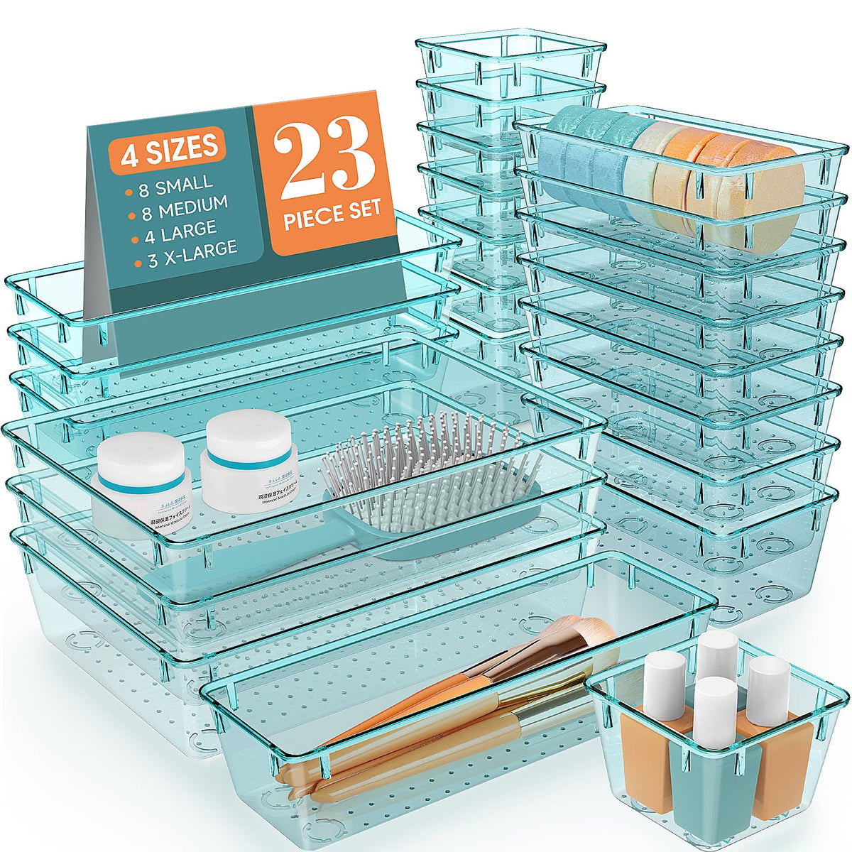 23 PCS Plastic Drawer Organizers Set, 4 Size Desk Drawer Organizer Trays