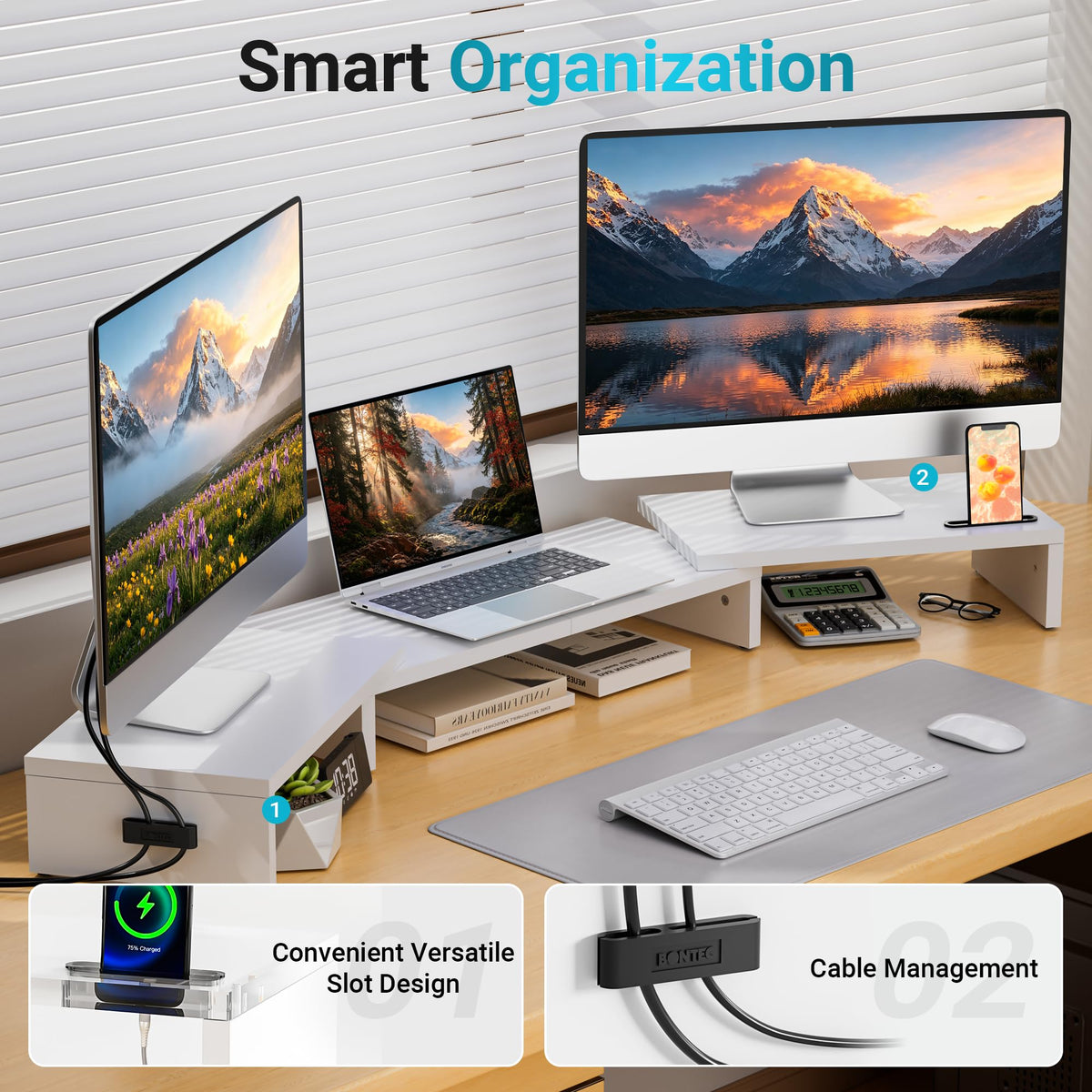 BONTEC Triple Monitor Stand Riser with Smartphone Holder, White