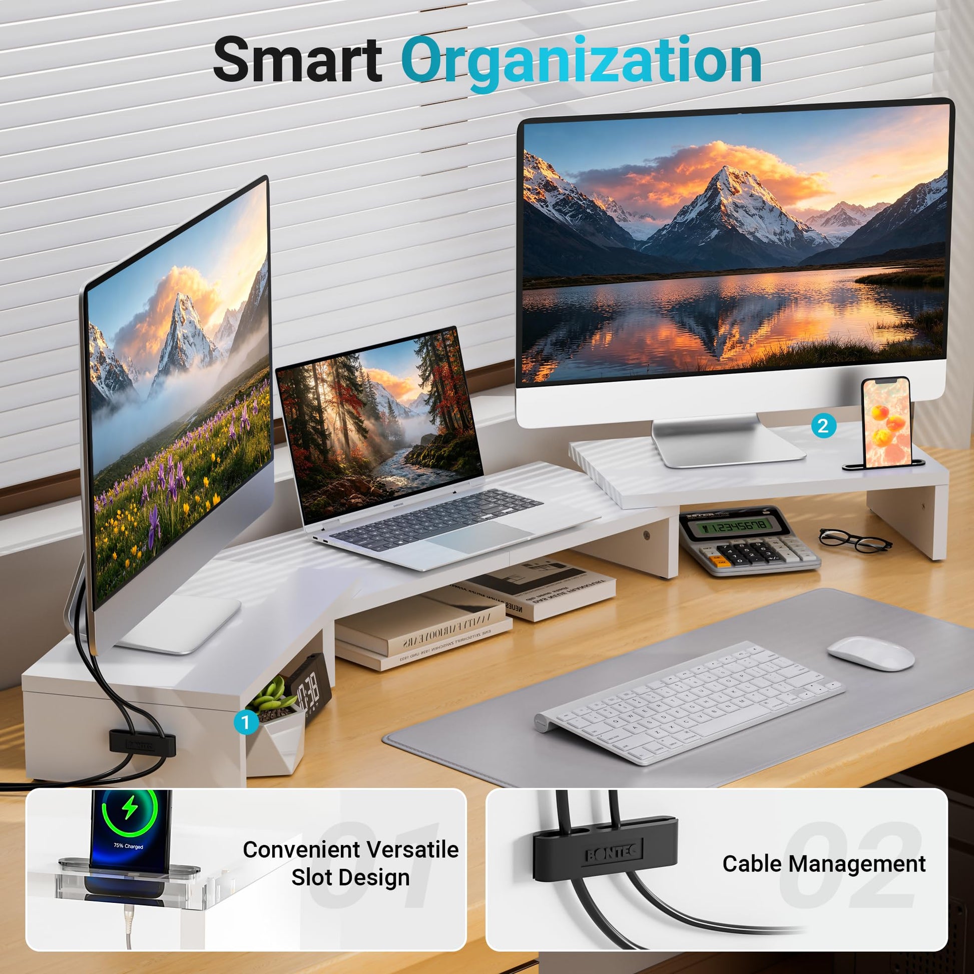 BONTEC Triple Monitor Stand Riser with Smartphone Holder, White