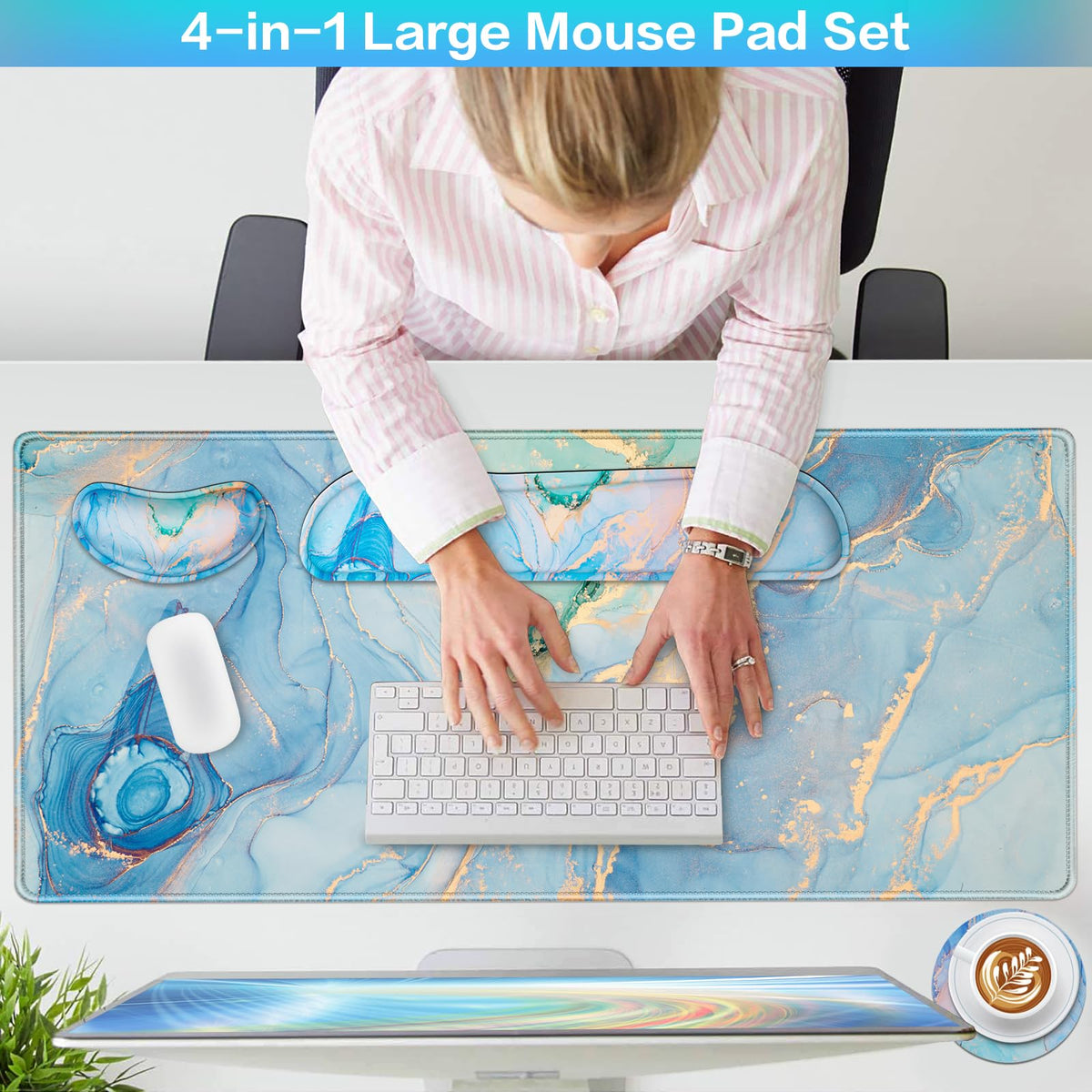 4 in1 Desk Mat Blue, Large Gaming Mouse Pad with Wrist Rest,