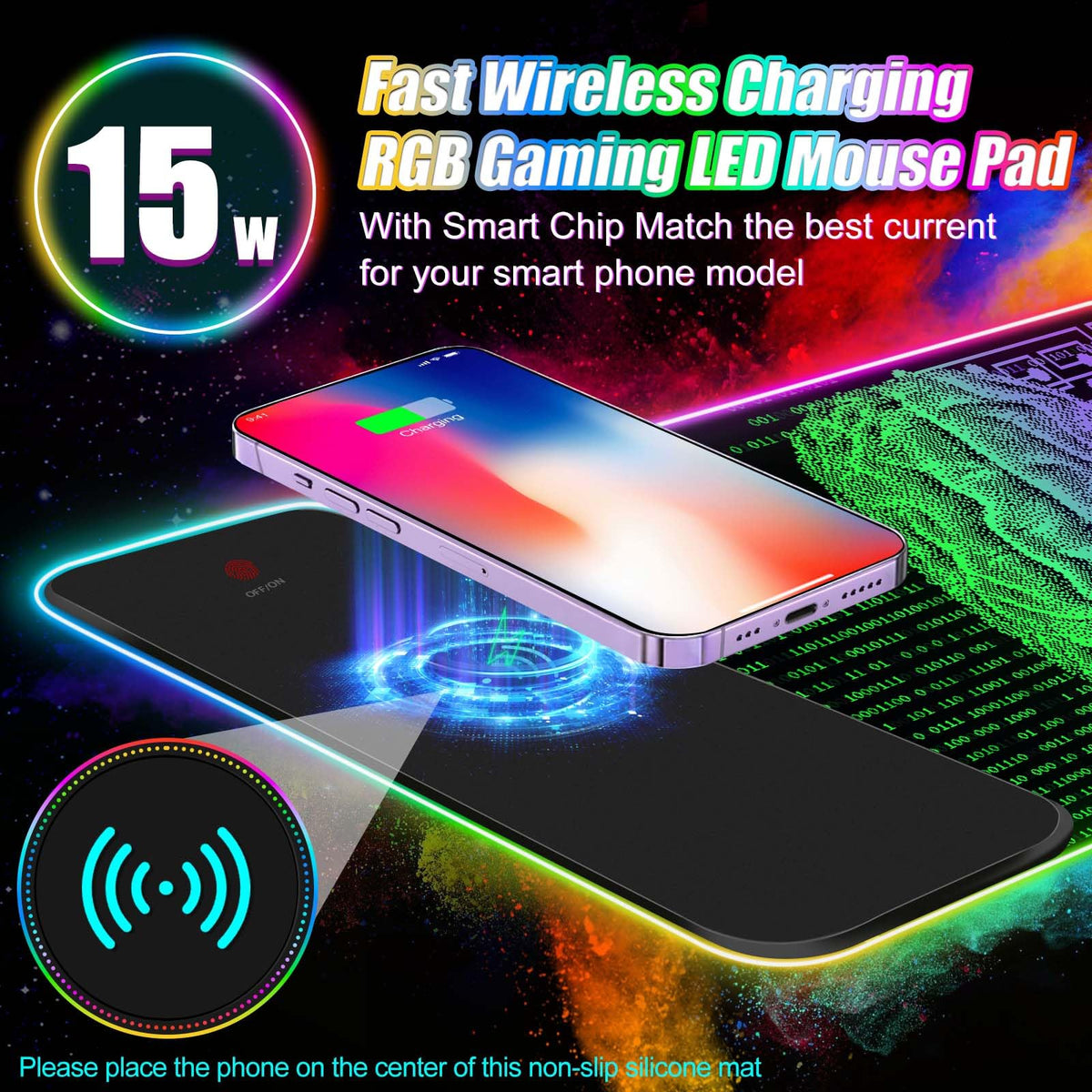 ToLuLu Wireless Charging RGB Gaming Mouse Pad, 15W LED Mouse Mat with 30W Charger, 14 Light Modes