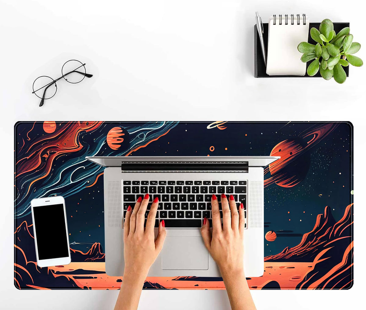 Painted Planets Desk Mat Outer Space Desk Pad, Orange Black Gaming Mouse Pad, Large Keyboard Mouse