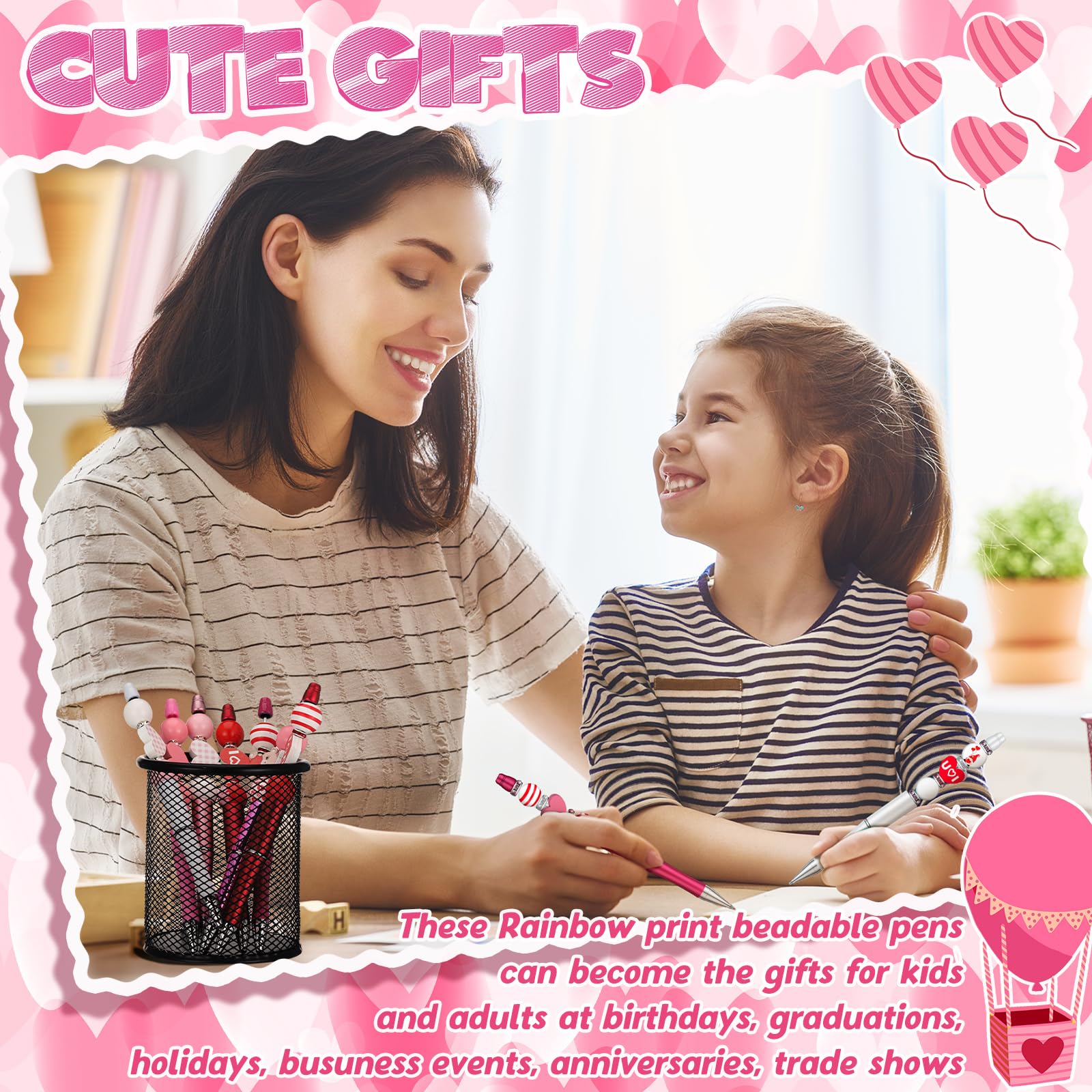 Zhanmai 197 Pcs Valentine‘s Day DIY Beadable Pens Kit 24 Plastic Ballpoint Pen with 101 Assorted