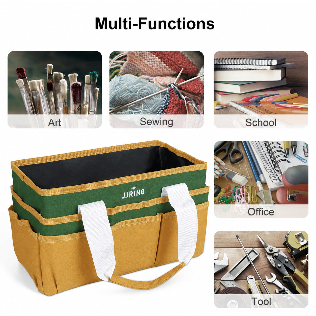 JJRING Craft Organizer Tote Bag Art Storage Caddy Deep Green and Yellow