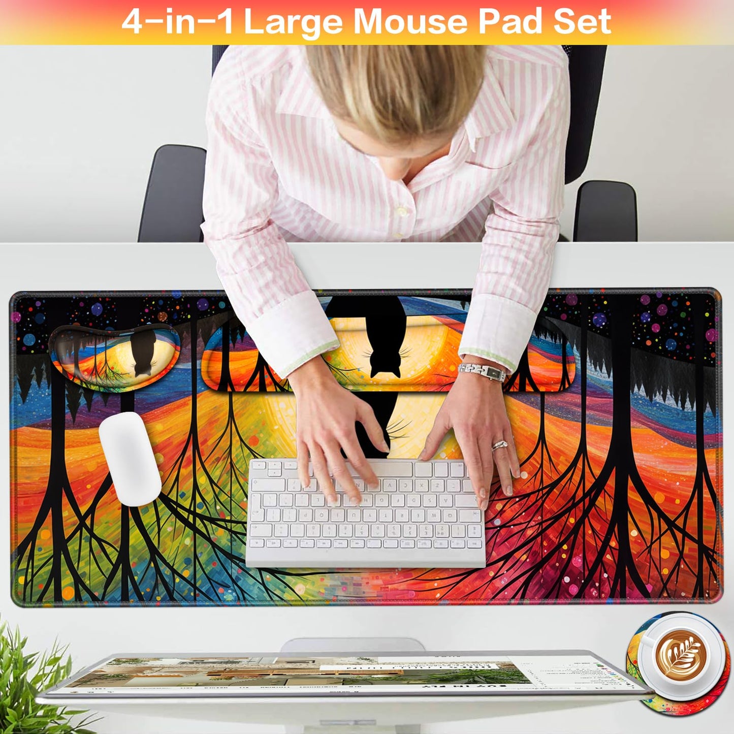 Mouse Pad with Wrist Rest Black Cat, 4-in-1 Large Mousepad Keyboard