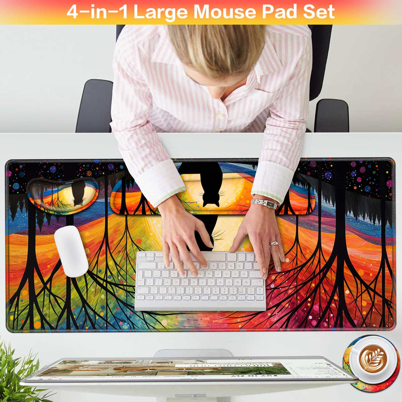 Mouse Pad with Wrist Rest Black Cat, 4-in-1 Large Mousepad Keyboard
