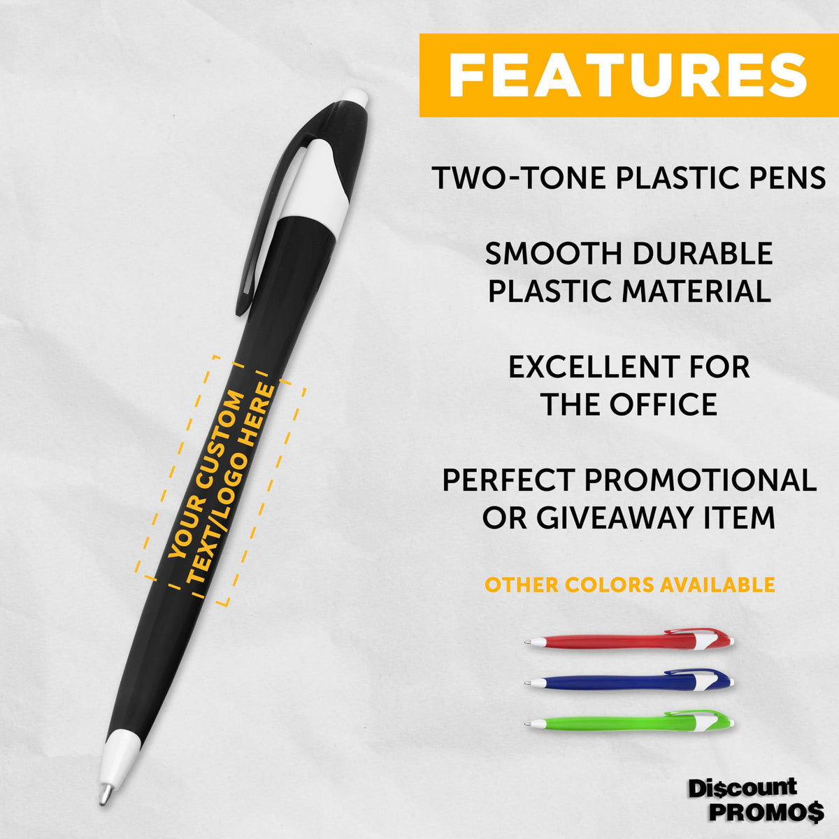 DISCOUNT PROMOS Customized Two-Tone Plastic with Click Pen, Bulk of 10, 50 or 100 Personalized Logo