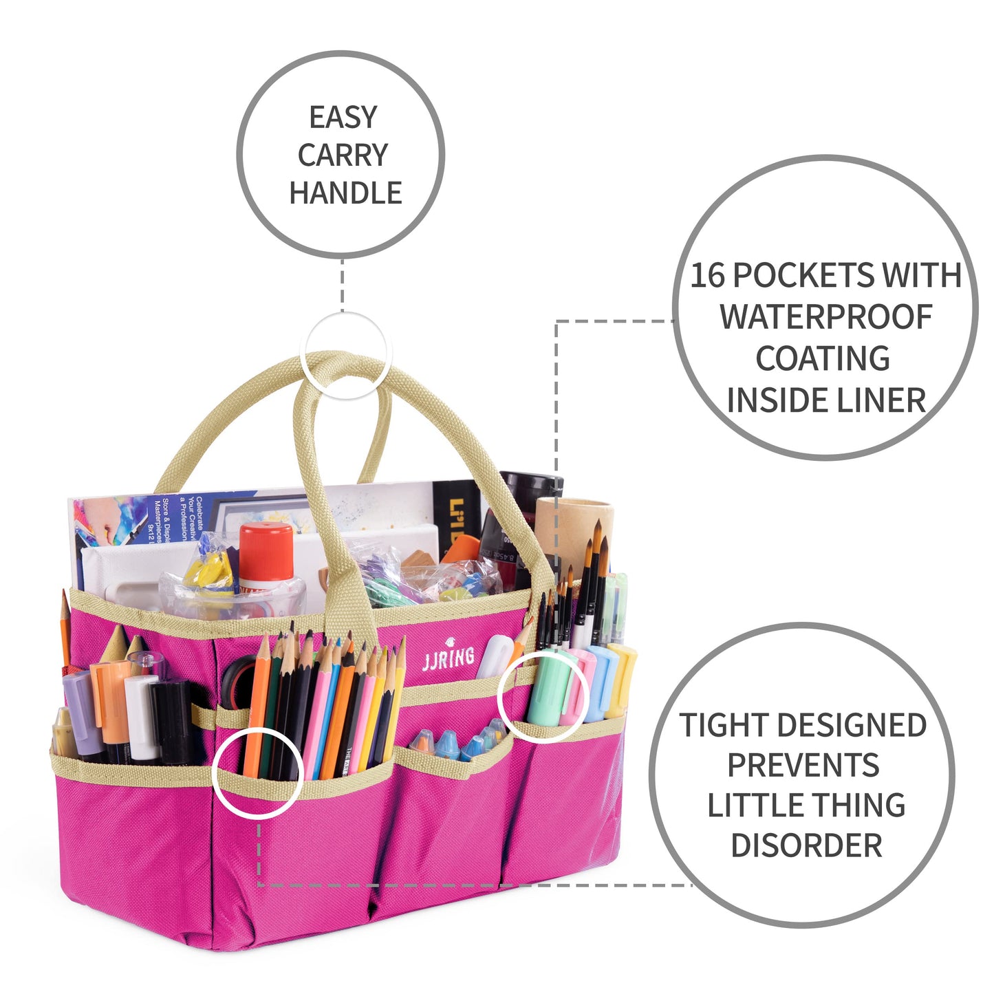 JJRING 600D Nylon Craft & Art Organizer Tote Bag With Pockets, Rose Red