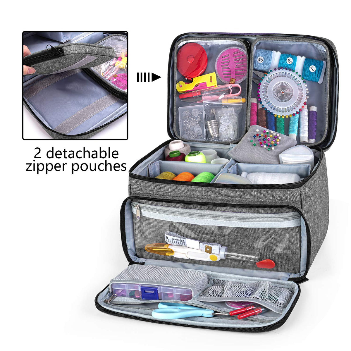 Luxja Sewing Storage Organizer with 2 Detachable Clear Pockets, Gray