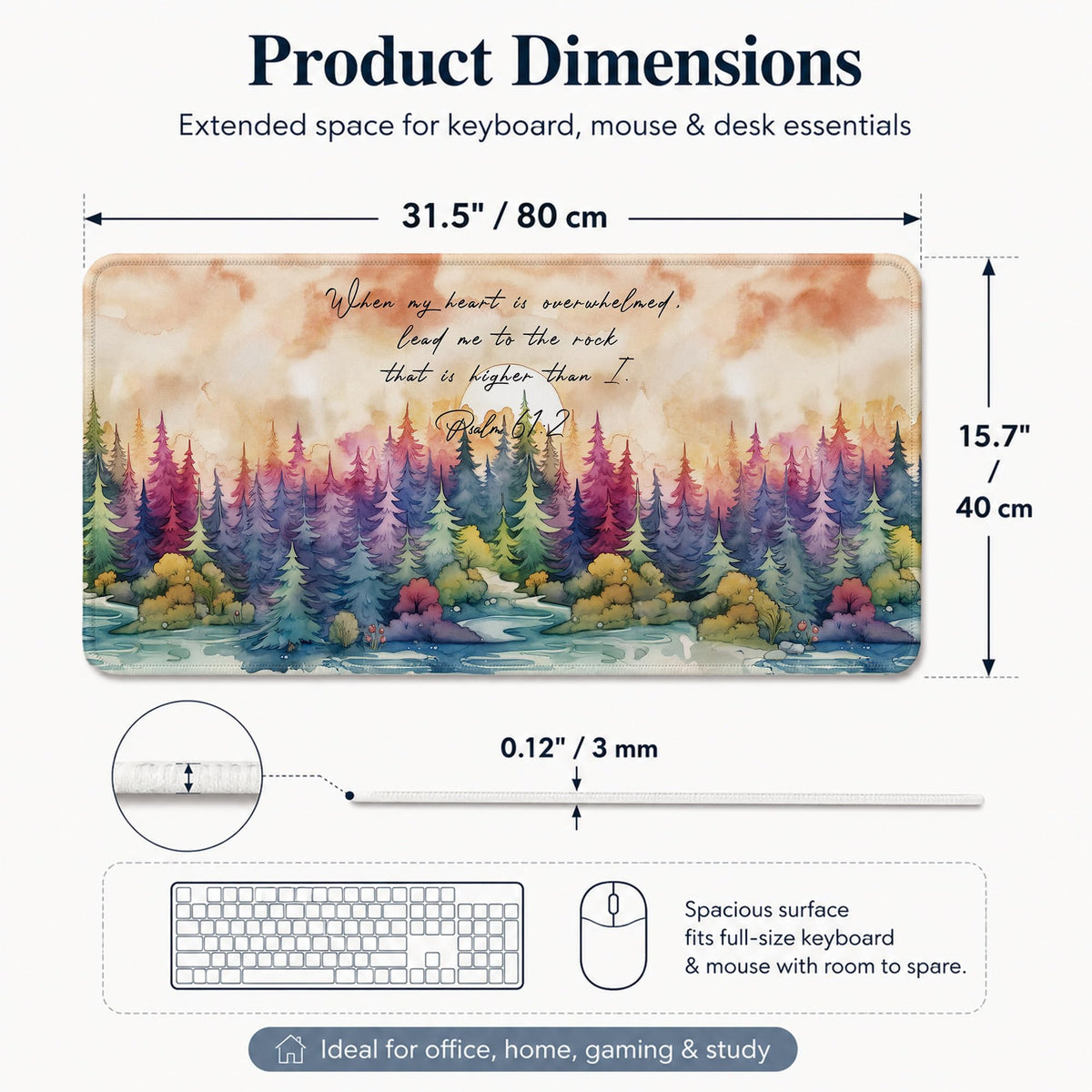 DOFQZ Psalm 61:2 Watercolor Forest Christian Large Mouse Pad 31.5x15,M009