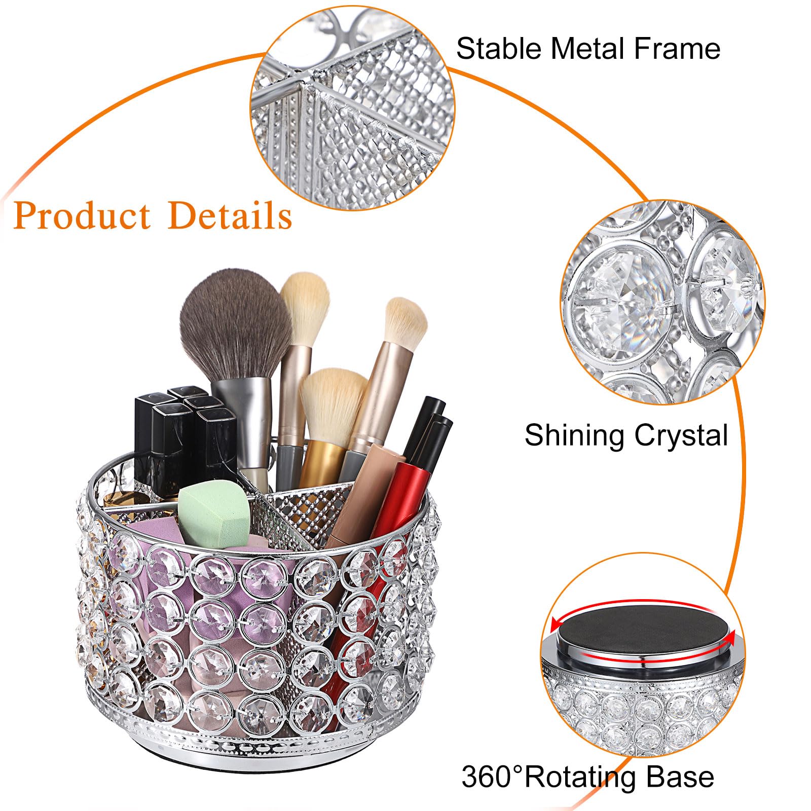 Hipiwe 360° Rotating Crystal Makeup Brush Holder 4 Slots Vanity Organizer