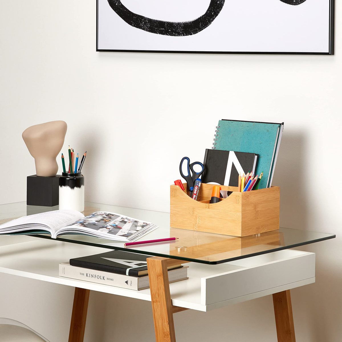 Relaxdays Bamboo Desk Organizer, Stationery Pen Holder, Office File Sorter Cabinet, HxWxD: 9 x 13 x